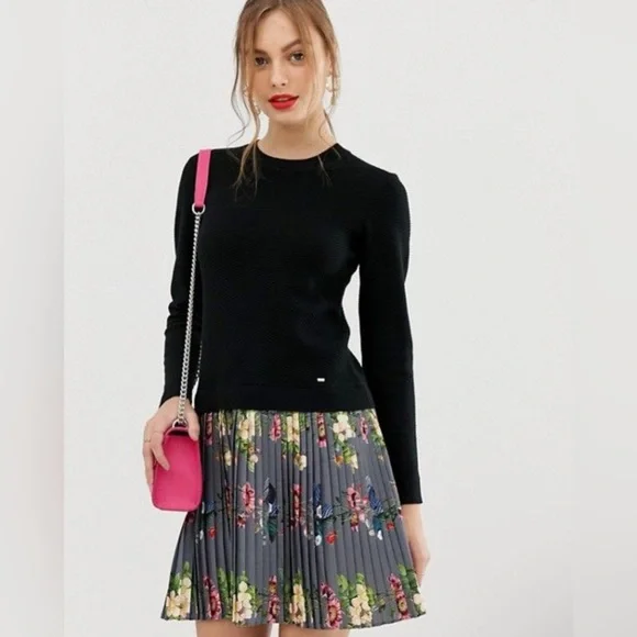 Ted Baker Izitaa Oracle Knit Skater Dress Pleated floral Print Skirt SZ 3 - Picture 1 of 11